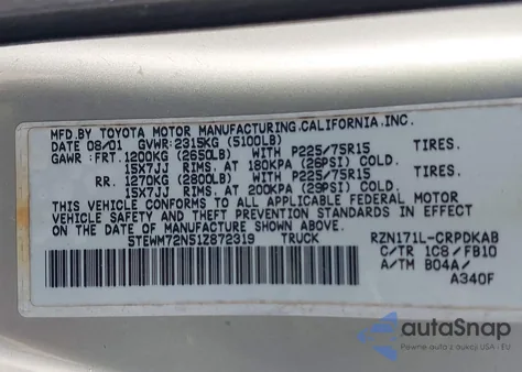 2001 Toyota Tacoma из США, поврежденный, VIN 5TEWM72N51Z872319